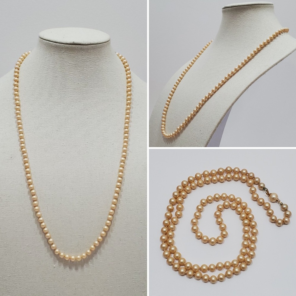Vtg Demure Dainty Champagne Faux Pearl Bead Necklace Classic Statement Opera 30"